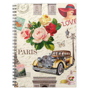 Caderno Espiral Impermeável fundo de colheita de Paris com carro r