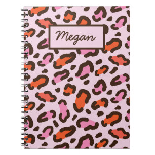 Caderno Espiral Impressão Animal Leopardo Rosa e Laranja Nome