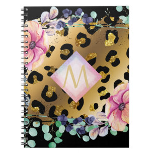 Caderno Espiral Impressão Bonito de Leopardo, Rosa Dourada, Monog