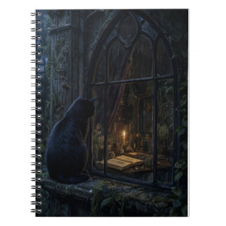 Caderno Espiral Impressão de Arte Botânica Escura Gato Preto Gótic