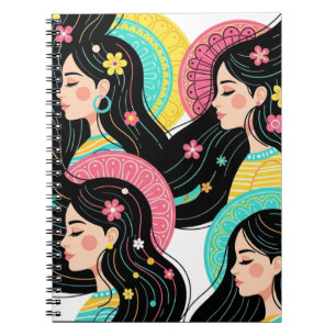 Caderno Espiral Impressão de Arte de Ilustração Floral Boêmia Femi