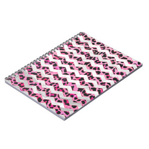 Caderno Espiral Impressão de Chevron Preto-Leopardo e Rosa Quente