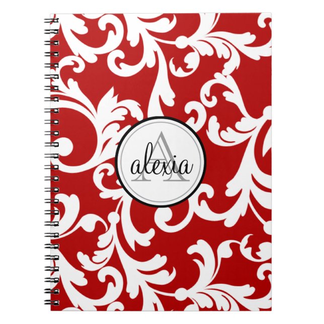 Caderno Espiral Impressão de Damasco de Cherry Red Monogrammed (Frente)