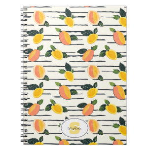 Caderno Espiral Impressão de Fruta Manga Coral Amarelo em Listras