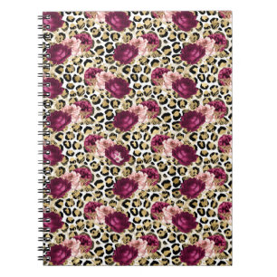 Caderno Espiral Impressão de Leopardo Flor Rosa Rosa Dourada para