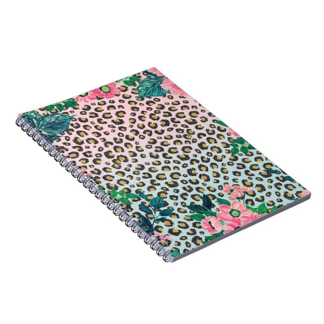 Caderno Espiral Impressão de Leopardo Floral de Ombre Rosa Girasso (Lado Direito)