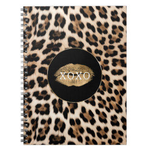 Caderno Espiral Impressão de Leopardo Lábios Dourados XOXO