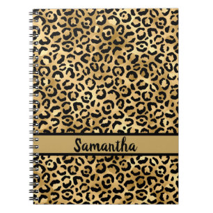 Caderno Espiral Impressão de leopardo preta e dourada personalizad