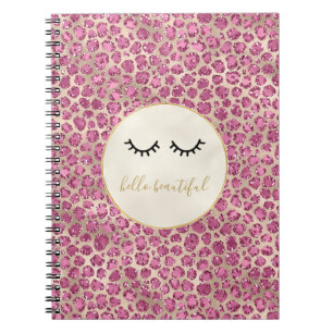 Caderno Espiral Impressão de Leopardo Rosa Dourada Eyelashes Preto