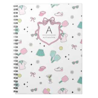 Caderno Espiral Impressão de Monograma Préppy de Pickleball Rosa