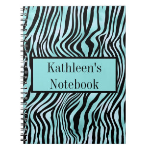 Caderno Espiral Impressão de Zebra Personalizada Preto e Turquesa 