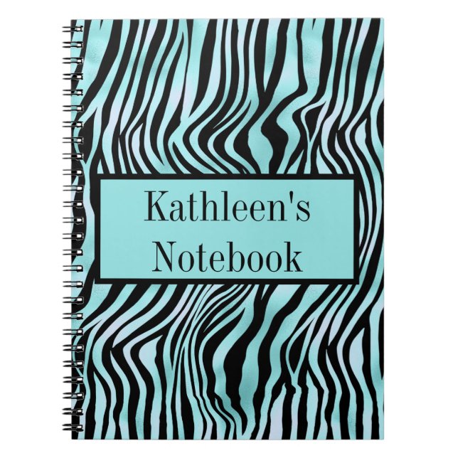 Caderno Espiral Impressão de Zebra Personalizada Preto e Turquesa  (Frente)