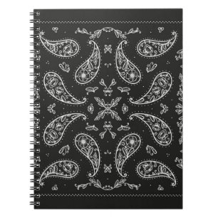 Caderno Espiral Impressão do Ornamento de Paisley Bandana, preto e