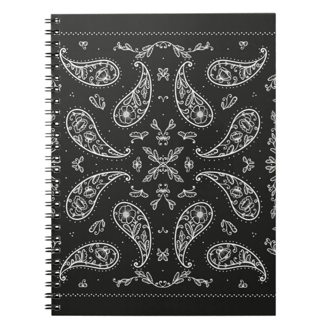 Caderno Espiral Impressão do Ornamento de Paisley Bandana, preto e (Frente)