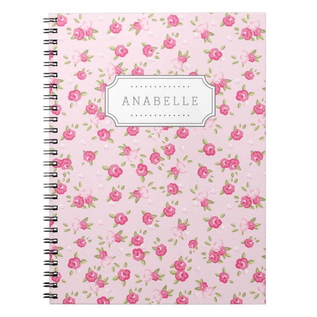 Caderno Espiral Impressão Floral, cor-de-rosa, Vintage (Frente)