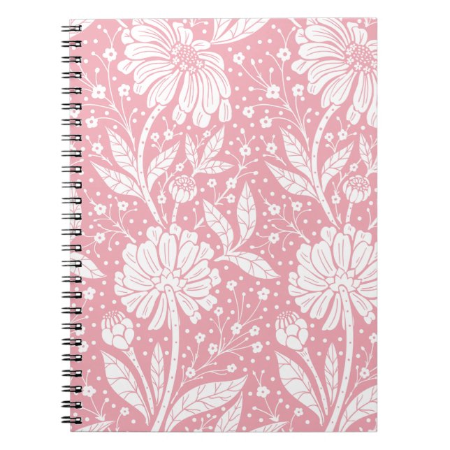 Caderno Espiral Impressão Floral Rosa e Branco (Frente)