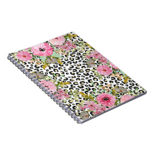 Caderno Espiral Impressão Leopardo Elegante e Design Floral