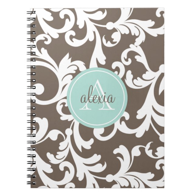Caderno Espiral Impressão Monogrammed do damasco do Mocha e da (Frente)