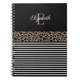 Caderno Espiral Impressão Negra-Leopardo-Preta de Monograma Elegan