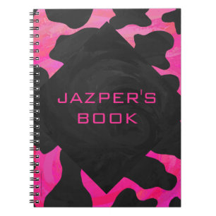 Caderno Espiral Impressão preto e rosa quente de vaca monograma