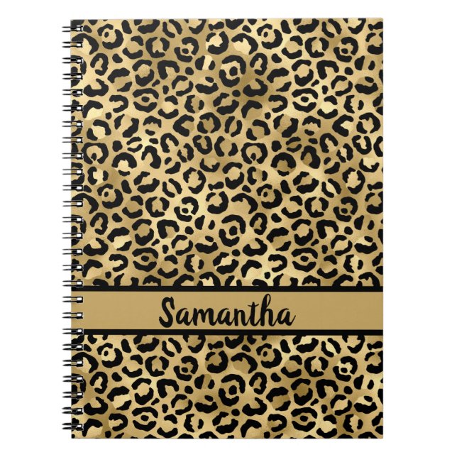 Caderno Espiral Impressão sobre Leopardo Preto e Dourado Personali (Frente)