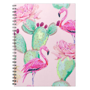 Caderno Espiral Inflamingo rosa, aves exóticas, flores suaves, ros
