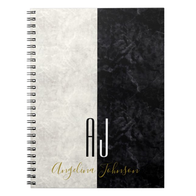 Caderno Espiral Iniciais de Monograma Branco e Preto Marble Modern (Frente)