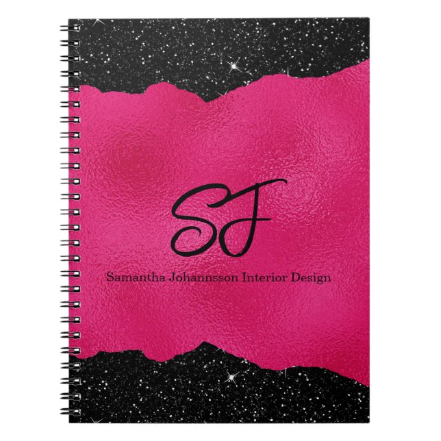 Caderno Espiral Iniciais de Monograma em Preto Luxurioso e Rosa Qu (Frente)