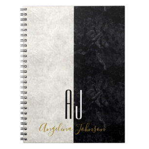 Caderno Espiral Iniciais preto e branco de mármore modernas do