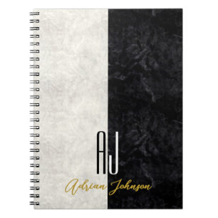Caderno Espiral Iniciais preto e branco de mármore modernas do