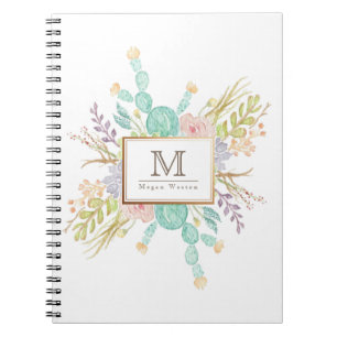 Caderno Espiral Inicial da aguarela   do buquê do Succulent