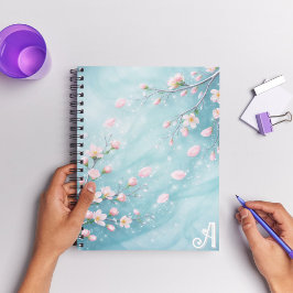 Caderno Espiral Iniciales Elegantes Turquesa Rosa Flor de Cerejeir
