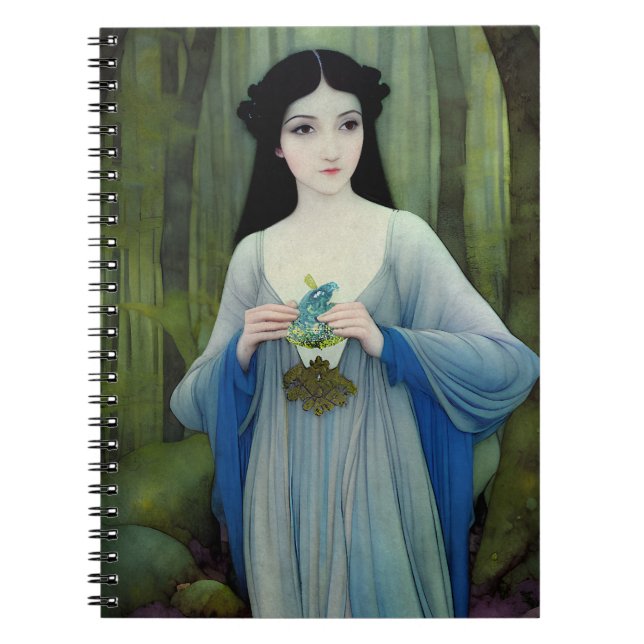 Caderno Espiral Ink Wash Ilustração de Linda Mulher em Florestas (Frente)