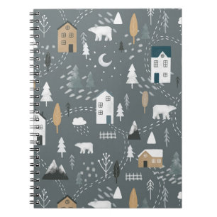 Caderno Espiral Inverno da cinza azul-cozy na aldeia nórdica