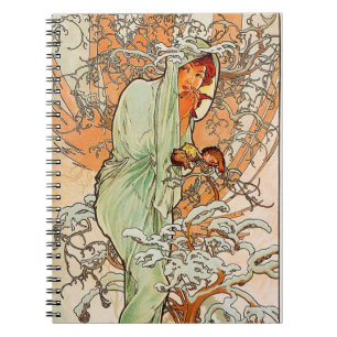Caderno Espiral Inverno do vintage por Alphonse Mucha