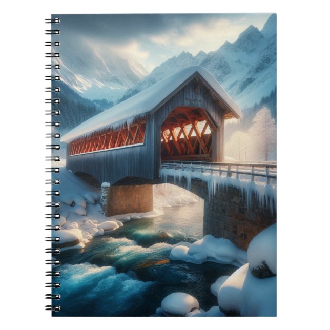 Caderno Espiral Inverno, ponte coberta de neve e rio (Frente)