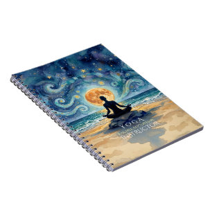Caderno Espiral Ioga Meditação Céu Noturno Estrelado Lua Praia Oce