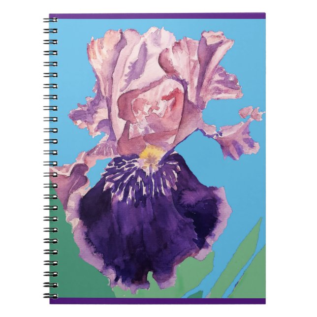 Caderno Espiral Iris irises Gloriosa Flor Roxo Aquarela Arte (Frente)