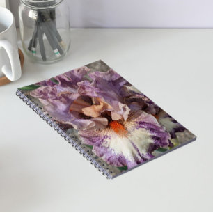 Caderno Espiral Íris Roxa e Branca com Floral de Barba Laranja