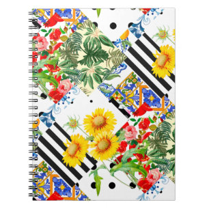 Caderno Espiral Italiano,Arte Siciliana,retalhos,Flores de Verão 