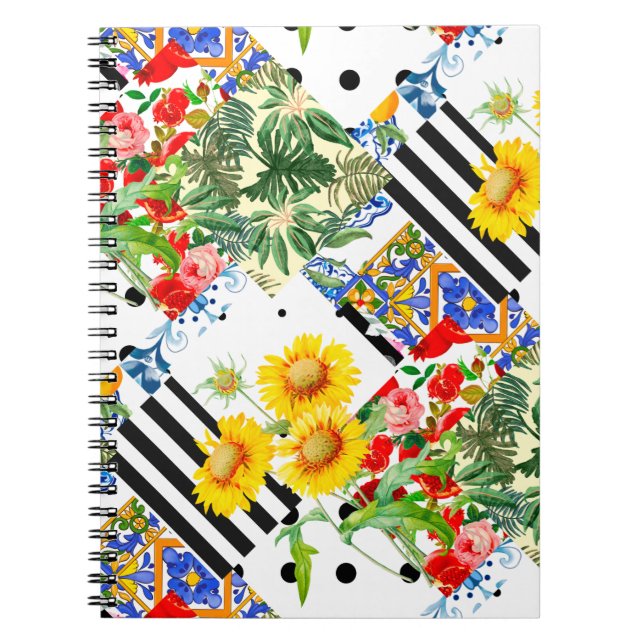 Caderno Espiral Italiano,Arte Siciliana,retalhos,Flores de Verão (Frente)