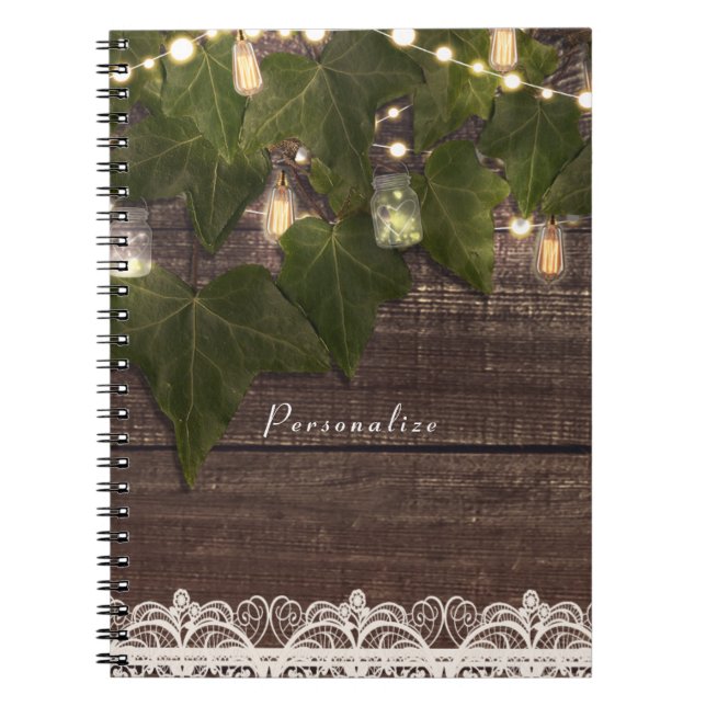 Caderno Espiral Ivy & String Luzes Mason Jar Rustic Elegante (Frente)