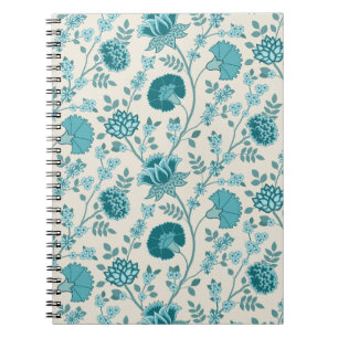 Caderno Espiral Jacobean Floral Pattern Teals on Cream