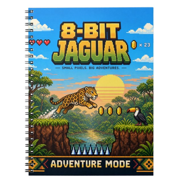Caderno Espiral Jaguar, Arte Pixel 8-Bit Retro (Frente)