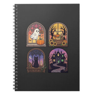 Caderno Espiral Janela Gótica de Halloween Fantasma Abóbora Gato P