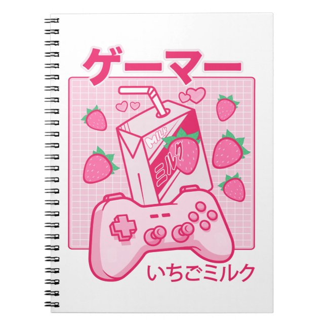Caderno Espiral Japonês Kawaii Strawberry Milk Mostra Leite Engraç (Frente)