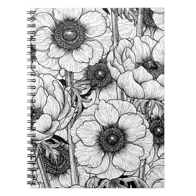 Caderno Espiral Jardim anêmono em preto e branco (Frente)