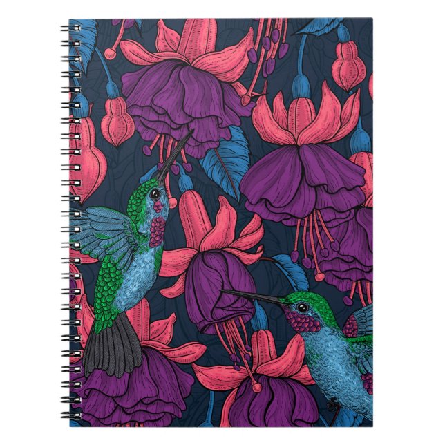 Caderno Espiral Jardim de beija-flores em roxo e azul (Frente)
