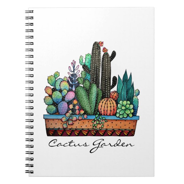 Caderno Espiral Jardim De Cactus Caquetado Em Pote (Frente)