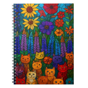 Caderno Espiral Jardim de Gatos Arte de Gato de Vitral com Flores